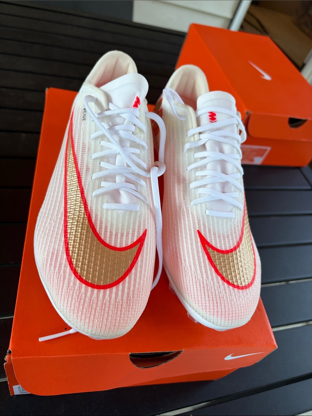 Nike Women ZM Superfly 11 pro FG cleats Gold Swoosh and Red Trim